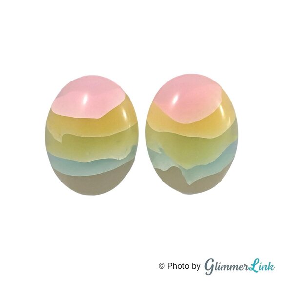 Vintage Lucite Pastel Stripe Oval Earrings 1980s Pink Yellow Green Blue - Picture 1 of 8